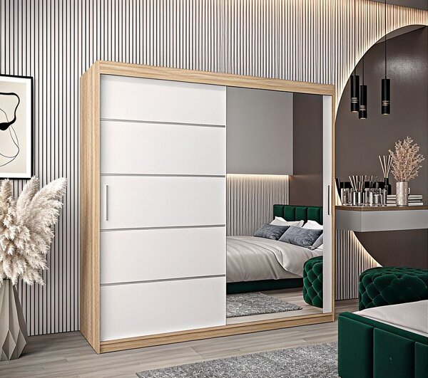 Dressing Sebastian, 180x60x200cm, cu oglinda, Stejar Sonoma Alb, Pal 18 mm