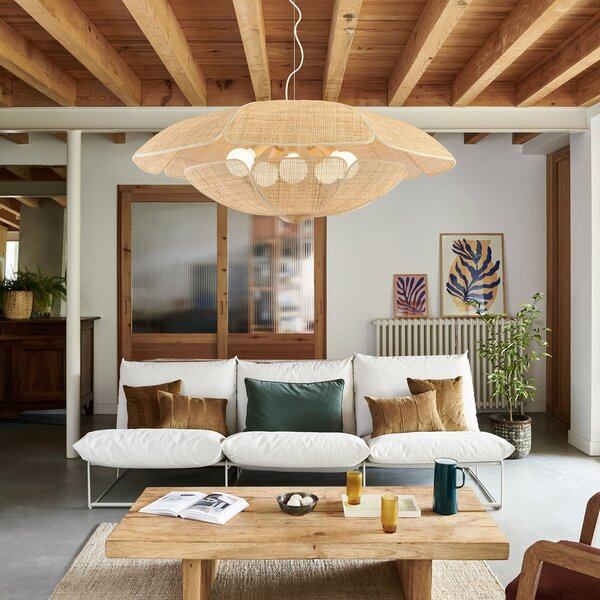 MARKET SET Lampă suspendată Coquillage, 110 cm, ratan natural, reglabil, Lemn, Camera de zi / sufragerie, Lemn, Design