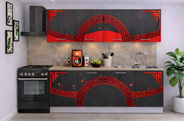 Bucatarie Verona 200 cm Gri Ornament Rosu