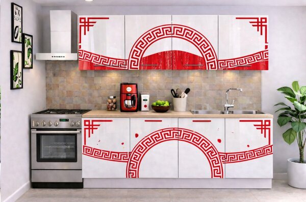 Bucatarie Verona 200 cm Alb Ornament Rosu