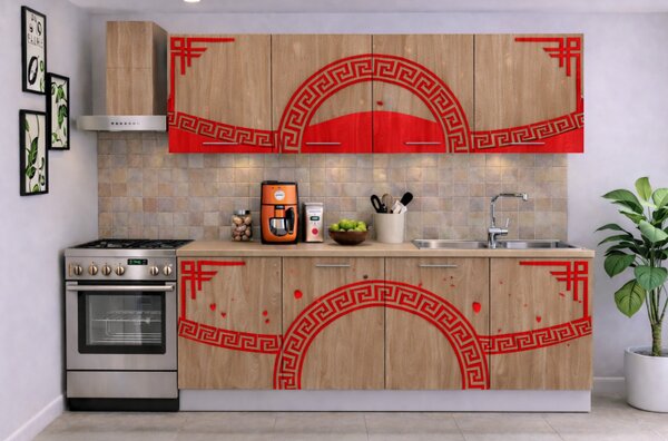 Bucatarie Verona 200 cm Sonoma Ornament Rosu