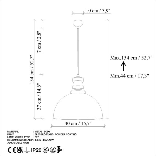 Lustră pe cablu KURE 1xE27/40W/230V d. 40 cm gri