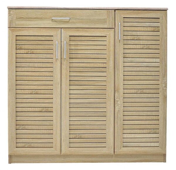 Pantofar cu 3 uși, 9 rafturi și sertar, capacitate 30 perechi, Sonoma, 120 × 37 × 123 cm