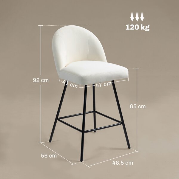 HOMCOM Set 2 Scaune de Bar cu Spătar din Catifea și Suport pentru Picioare, 48.5x56x92 cm, Alb Crem | Aosom Romania