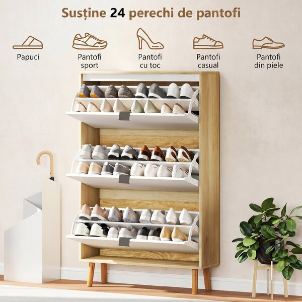 HOMCOM Dulap de pantofi subțire modern cu 3 sertare rabatabile pentru 24 de perechi de pantofi, Alb | Aosom Romania