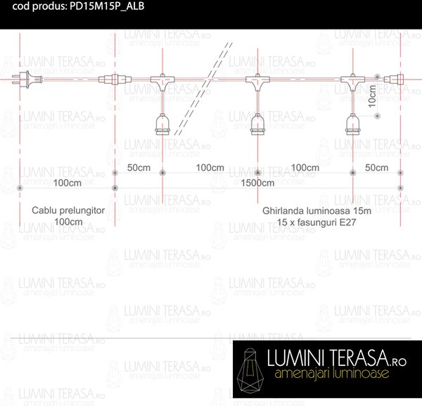 Cablu Ghirlanda luminoasa 15 m. cu 15 fasunguri E27 interconectabila