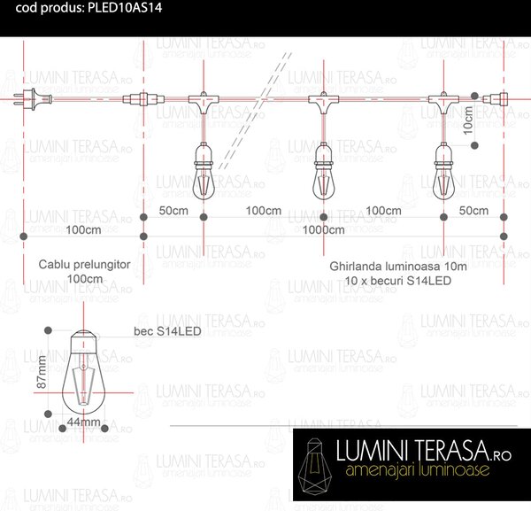 Ghirlanda luminoasa 10 m. cu 10 becuri S14 2W LED E27 interconectabila