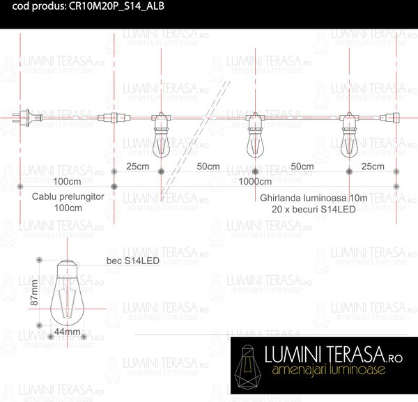 Ghirlanda luminoasa 10 m. cu 20 becuri S14 LED E27 interconectabila