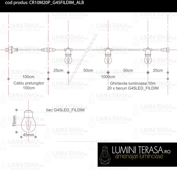 Ghirlanda luminoasa 10 m. cu 20 becuri G45 4W LED E27 interconectabila
