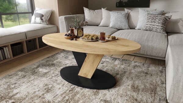 Mazzoni LOVA Stejar Craft Auriu/Negru - MĂSUȚĂ OVALĂ 110x60 cm MĂSUȚĂ DE CAFEA MODERNĂ