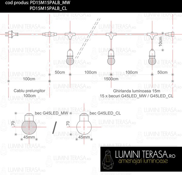 Ghirlanda luminoasa 15 m. cu 15 becuri G45 1W LED E27 interconectabila