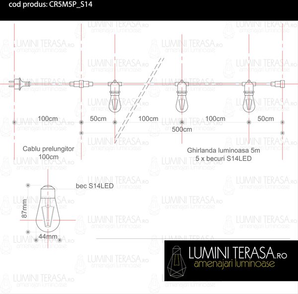 Ghirlanda luminoasa 5 m. cu 5 becuri S14 LED E27 interconectabila