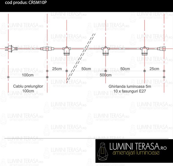 Cablu Ghirlanda luminoasa 5 m. cu 10 fasunguri E27 interconectabila