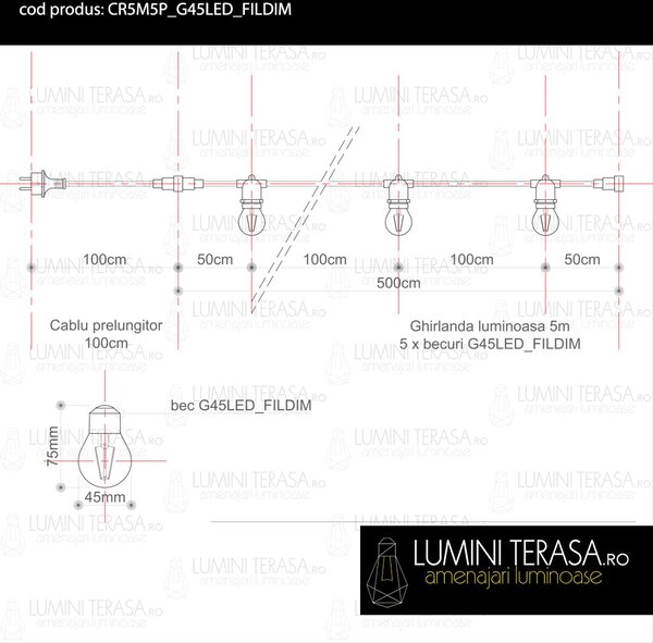 Ghirlanda luminoasa 5 m. cu 5 becuri G45 4W LED E27 interconectabila