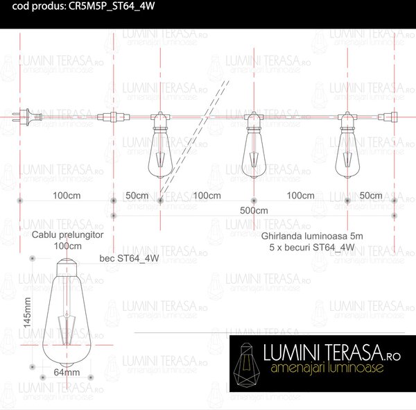 Ghirlanda luminoasa 5 m. cu 5 becuri mari ST64 4W LED E27 interconectabila
