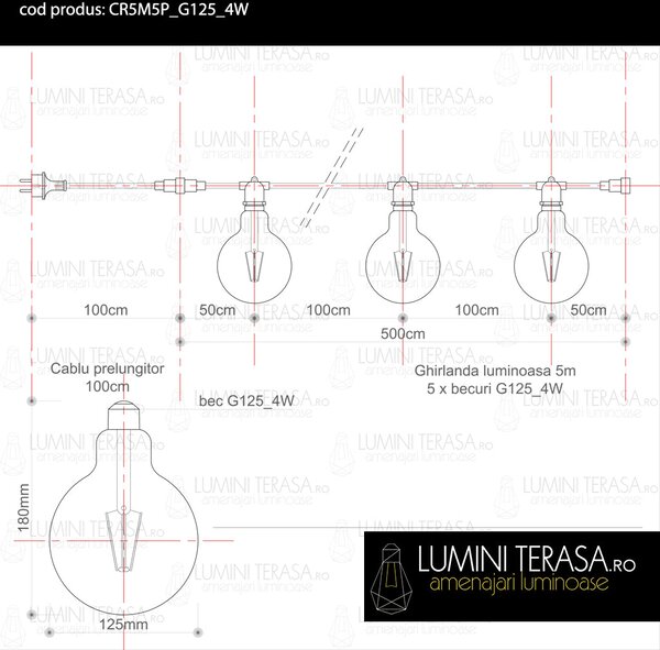 Ghirlanda luminoasa 5 m. cu 5 becuri mari G125 4W LED E27 interconectabila