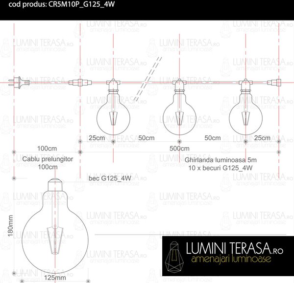 Ghirlanda luminoasa 5 m. cu 10 becuri mari G125 4W LED E27 interconectabila