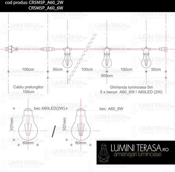 Ghirlanda luminoasa 5 m. cu 5 becuri A60 LED E27 interconectabila
