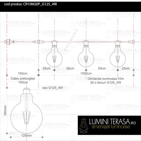 Ghirlanda luminoasa 10 m. cu 20 becuri mari G125 4W LED E27 interconectabila