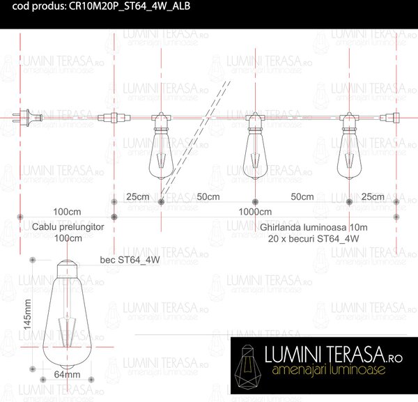 Ghirlanda luminoasa 10 m. cu 20 becuri mari ST64 4W LED E27 interconectabila