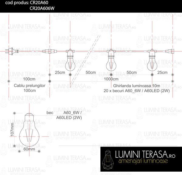 Ghirlanda luminoasa 10 m. cu 20 becuri A60 LED E27 interconectabila