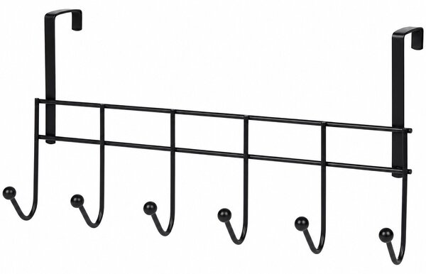 Cuier metalic Pufo pentru usa cu 6 carlige, 46 cm, negru- suport haine si accesorii fara gaurire