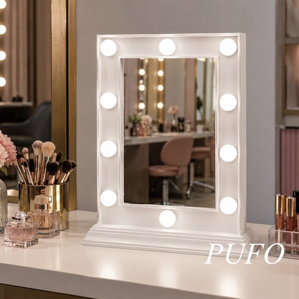 Oglinda profesionala pentru makeup Pufo cu 10 becuri LED, iluminare uniforma pentru machiaj si cosmetica, 33 x 25 cm
