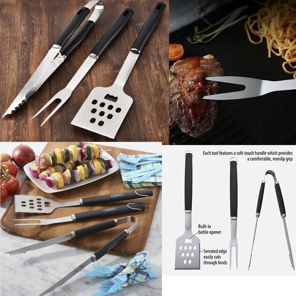 Set 3 ustensile pentru gratar Pufo din otel inoxidabil– cleste, spatula si furculita BBQ