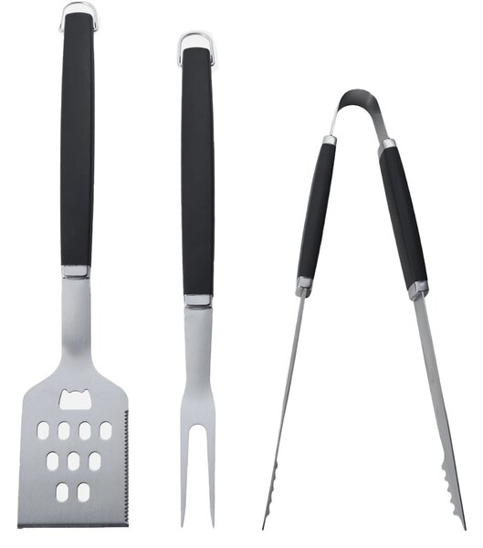 Set 3 ustensile pentru gratar Pufo din otel inoxidabil– cleste, spatula si furculita BBQ