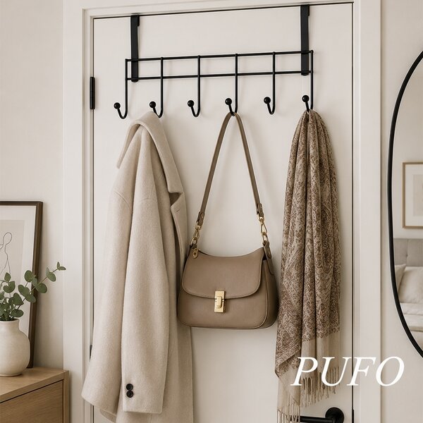 Cuier metalic Pufo pentru usa cu 6 carlige, 46 cm, negru- suport haine si accesorii fara gaurire