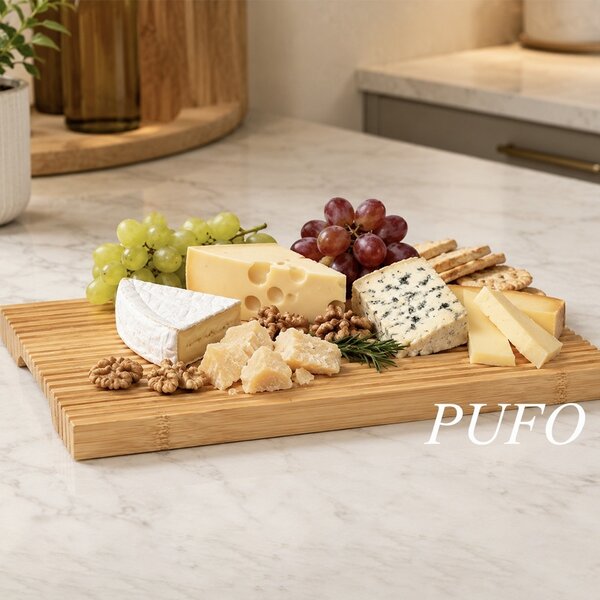 Platou servire din lemn de bambus Pufo, model striat, pentru aperitive, branzeturi, deserturi, 30 x 24 cm