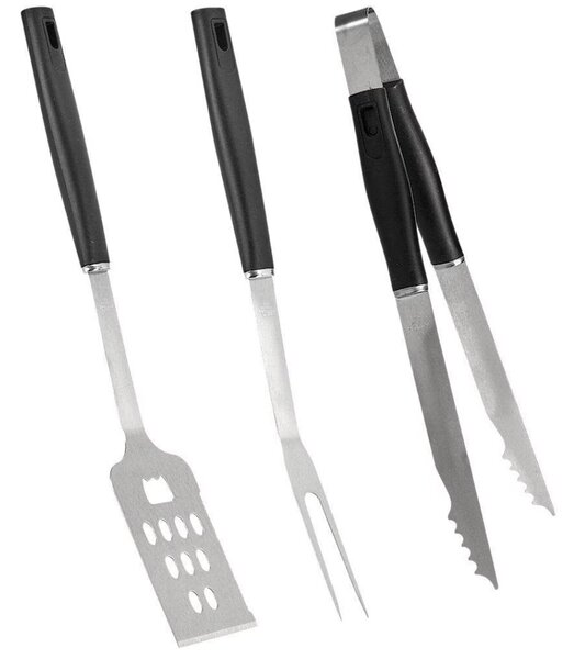 Set 3 ustensile pentru gratar Pufo din otel inoxidabil– cleste, spatula si furculita BBQ