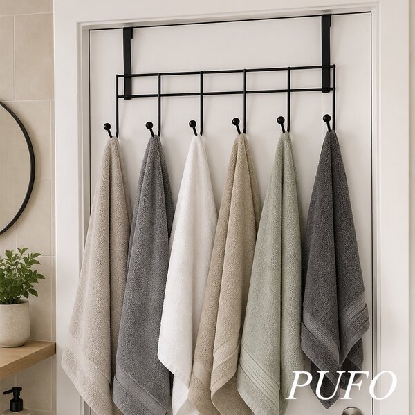 Cuier metalic Pufo pentru usa cu 6 carlige, 46 cm, negru- suport haine si accesorii fara gaurire
