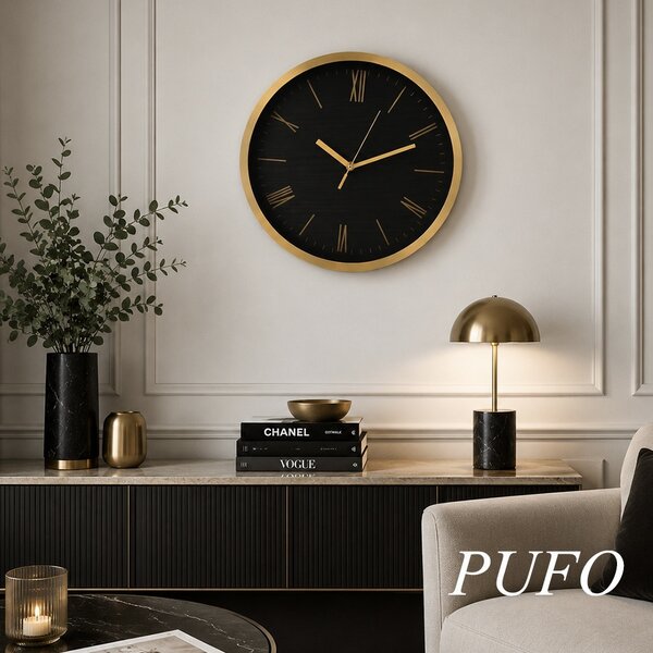Ceas de perete elegant Pufo Gold, design modern cu cifre romane, negru si auriu, 30 cm