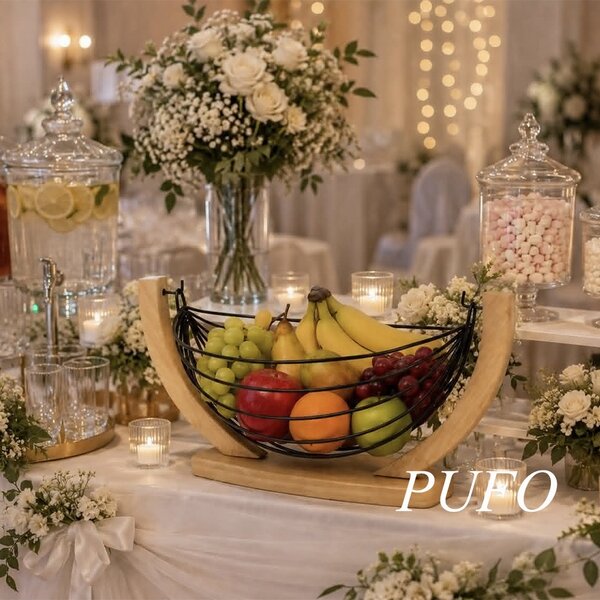 Cos pentru fructe Pufo din bambus, suport decorativ metalic pentru fructe si legume, 32 cm- design elegant