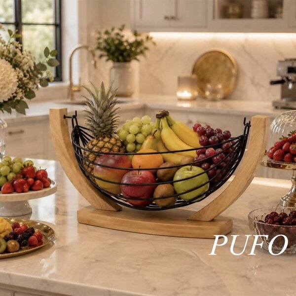 Cos pentru fructe Pufo din bambus, suport decorativ metalic pentru fructe si legume, 32 cm- design elegant