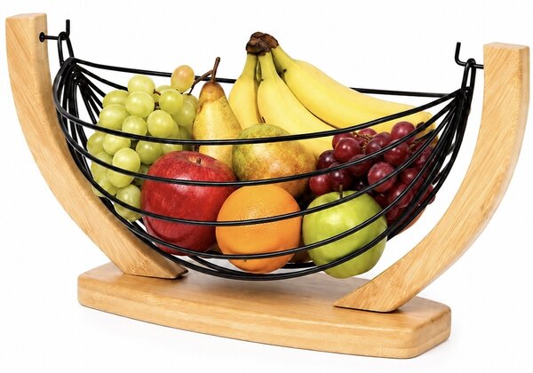 Cos pentru fructe Pufo din bambus, suport decorativ metalic pentru fructe si legume, 32 cm- design elegant