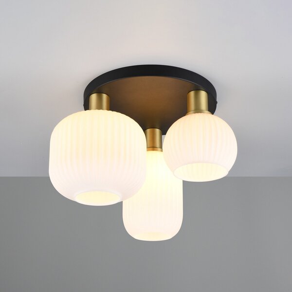 Trio Lighting Plafonieră Diva, 3 becuri, metal, sticlă, alb, culoarea alamei, reglabil, Negru, Camera de zi / sufragerie, Sticlă