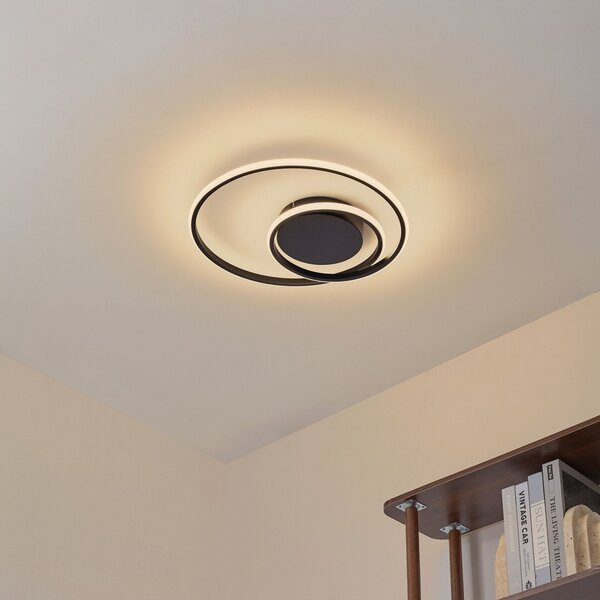 Lindby plafonieră LED Kyron, negru, aluminiu, dimabil, Ø45cm, reglabil, Negru, Camera de zi / sufragerie, Aluminiu, Modern
