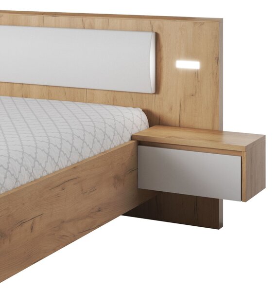 Pat Xelo cu noptiere și iluminare LED, alb/stejar craft auriu