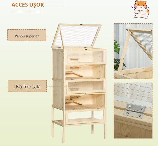 PawHut Cusca pentru Rozitori si Hamsteri cu 4 Rafturi cu Acoperis Trapa in Lemn 60x40x120cm | Aosom Romania