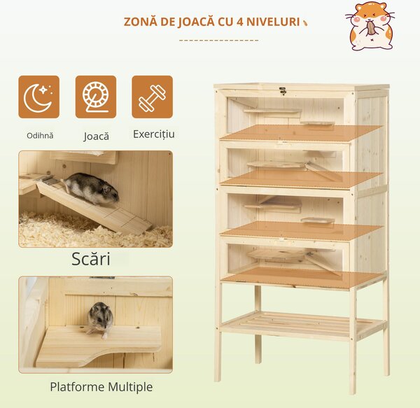 PawHut Cusca pentru Rozitori si Hamsteri cu 4 Rafturi cu Acoperis Trapa in Lemn 60x40x120cm | Aosom Romania