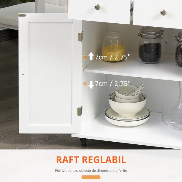 HOMCOM Cărucior Bucătărie cu 3 Niveluri, 2 Sertare Culisante, 4 Roți, Raft Reglabil, Design Modern, Alb și Lemn Natural, 89x45x89cm | Aosom Romania