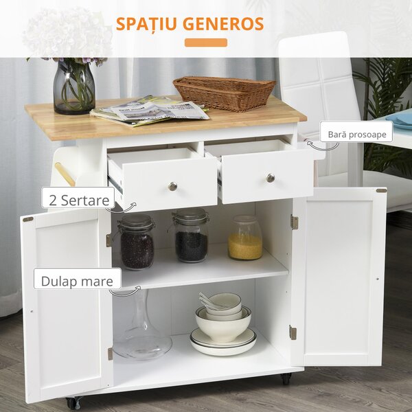 HOMCOM Cărucior Bucătărie cu 3 Niveluri, 2 Sertare Culisante, 4 Roți, Raft Reglabil, Design Modern, Alb și Lemn Natural, 89x45x89cm | Aosom Romania