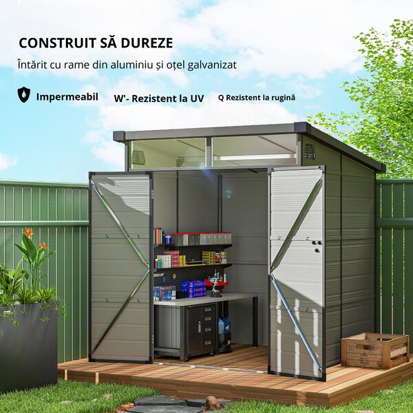 Outsunny Șopron pentru Grădină din Plastic cu Ferestre și Orificii de Ventilație, 190x191x215 cm, Gri Deschis | Aosom Romania