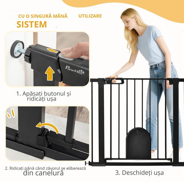 PawHut Barieră Reglabilă pentru Câini cu Ușă Mică, Montare prin Presiune și Închidere Automată, 75-103x76 cm, Negru | Aosom Romania