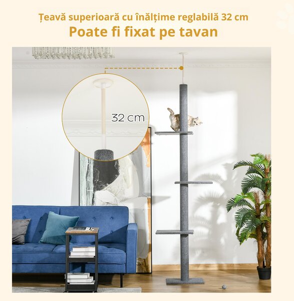PawHut Stâlp de Zgâriat pentru Pisici pe 4 Niveluri și Fixare pe Tavan Reglabil, 43x27x228-260 cm, Gri | Aosom Romania
