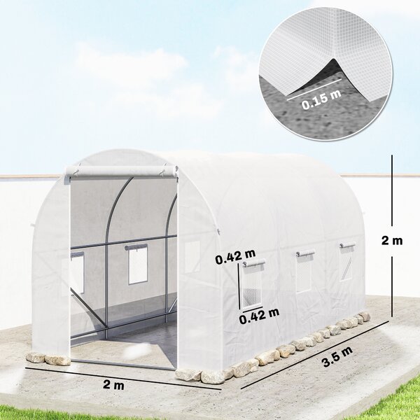 Outsunny sera gradine3,5 x 2 x 2 m, cadru mare din otel galvanizat, tunel din polietilene pentru gradina, alb | Aosom Romania