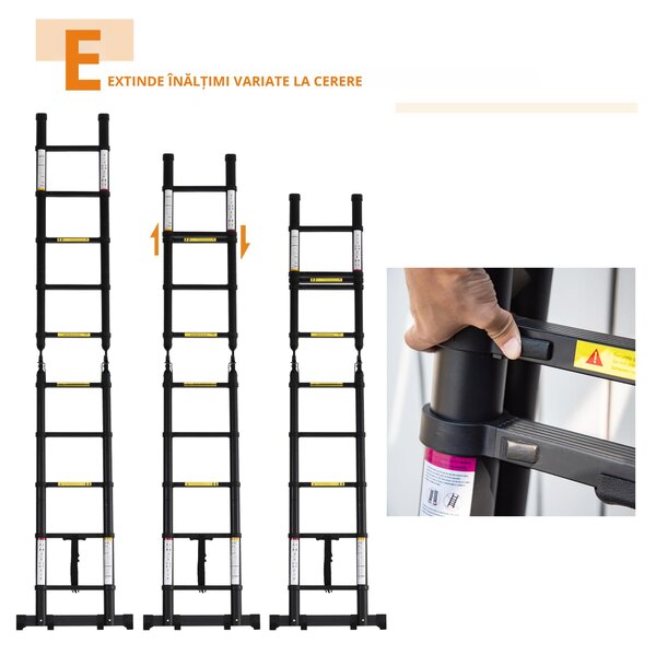DURHAND Scară Telescopică Pliabilă cu 10 Trepte, Scară Extensibilă din Aluminiu și Metal, 320x67x7 cm, Neagră | Aosom Romania