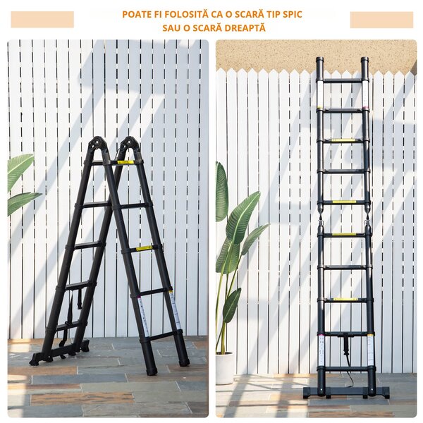 DURHAND Scară Telescopică Pliabilă cu 10 Trepte, Scară Extensibilă din Aluminiu și Metal, 320x67x7 cm, Neagră | Aosom Romania